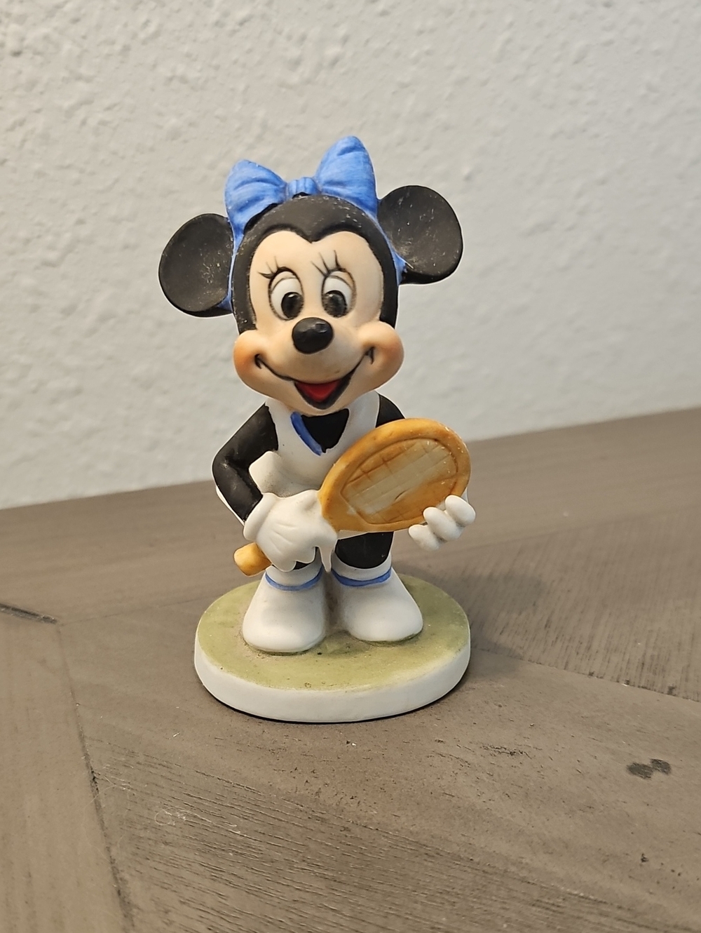 Blue-Bow Ceramic Mouse Figurine with Tennis Racket